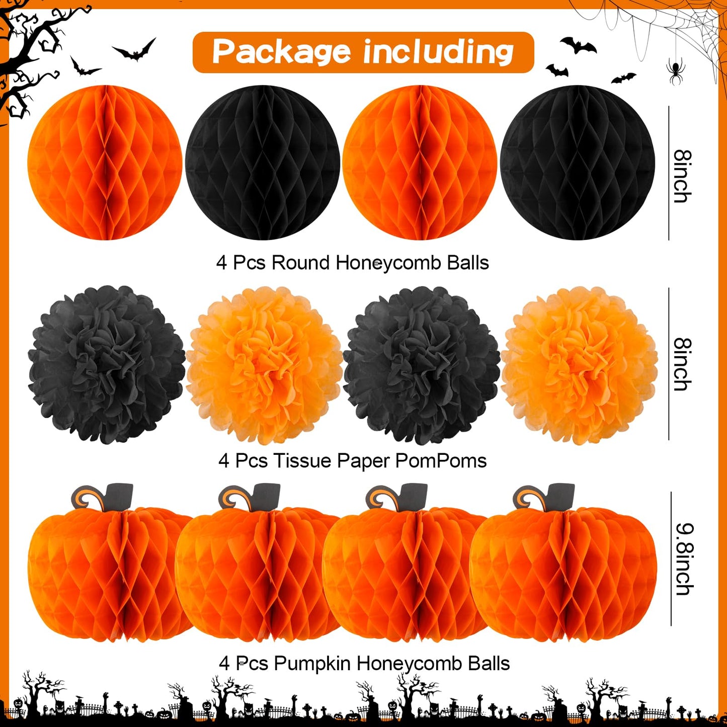 VinTS Happy Halloween Party Decoration,Black Orange Halloween Banner with Hanging Swirls,Circle Confetti Dots,Honeycomb Ball,Tissue Paper PomPoms for Wall Window Indoor Decor