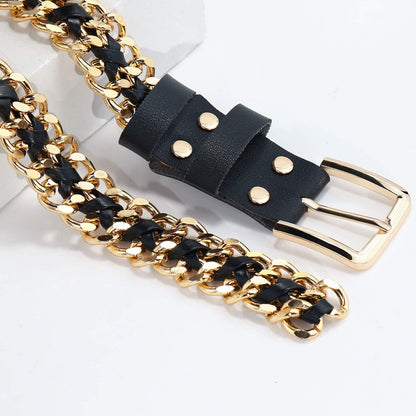 Glamorstar Gold Metal Punk Belts Leather Chain Waist Belt for Women Dresses Gold Black 105CM/41.3IN