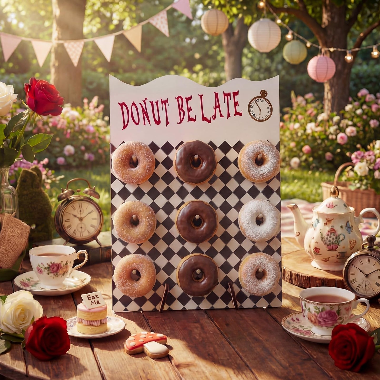 Suclain 16 x 12 Inches Wonderland Party Decoration Donut Wall Display Stand 9 Holes Wooden Donut Bagel Display Holder Board Wonderland Tea Black and White Checkered Stands for Birthday Tea Parties