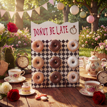 Suclain 16 x 12 Inches Wonderland Party Decoration Donut Wall Display Stand 9 Holes Wooden Donut Bagel Display Holder Board Wonderland Tea Black and White Checkered Stands for Birthday Tea Parties