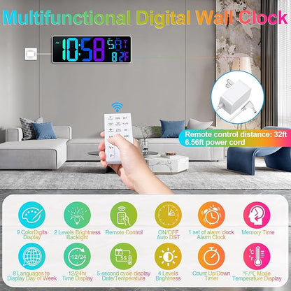 17.2" Large Digital Wall Clock 10 RGB Colors 9 Group Timer Remote Control | Large Display for Living Room Classroom Garage LED Wall Clock with Temperature Date Week Auto DST Gift for Senior Mom Dad