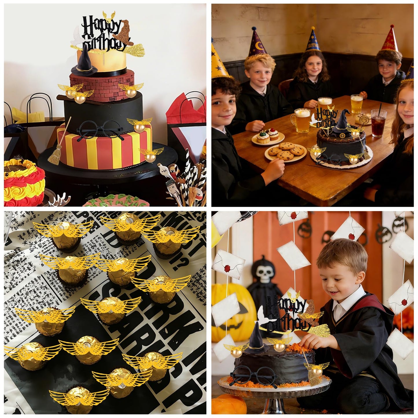 Rismise Wizard Cake Topper 14PCS Magical Wizard Themed Cake Decorations Gold Ball Cupcake Cake Picks with Glasses Wings Hats for Halloween Birthday Magical School Party Supplies