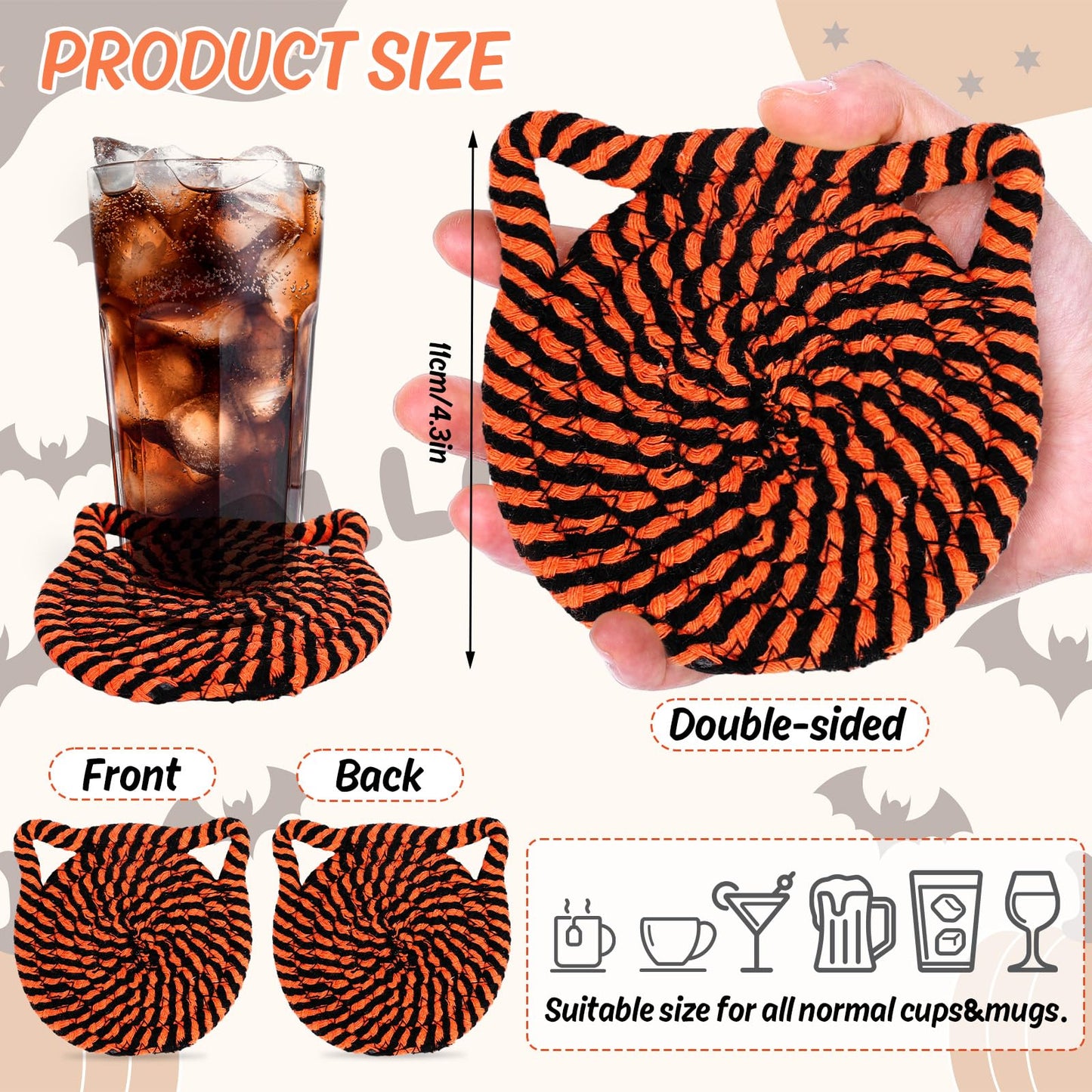 Whaline Halloween Cat Ear Shape Cotton Coasters Black Orange Cat Ear Handmade Braided Drink Coasters Absorbent Cup Mats for Trick or Treat Party Home Table Decor, Set of 4