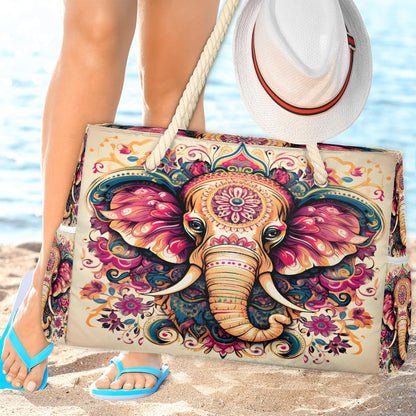 ModaQua Elephant Floral Splendor Beach Bags Waterproof Sandproof for Women, Large with Zipper Pool Beach Tote Reusable Grocery Shoulder Bag for Swim Travel Shopping Vacation Picnic