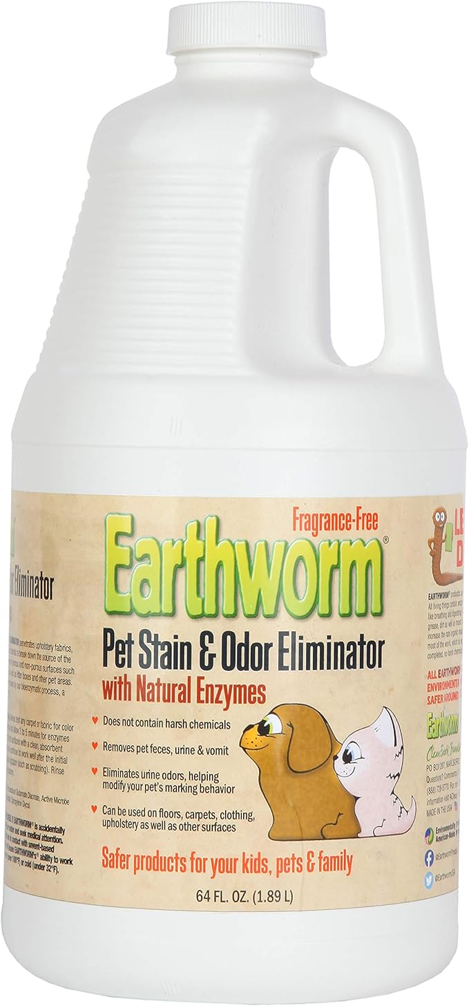 Earthworm Pet Stain Remover & Odor Eliminator- Removes Urine Smell with Natural Enzyme Formula, Fragrance Free Spray - 64 oz