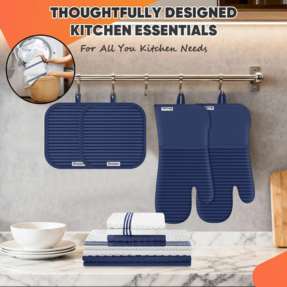Oven Mitts Kitchen Towels and Dishcloths with Pot Holders Sets, Oven Gloves Hot Pads 500°F Heat Resistant with Silicone Grip, Include 2 Cooking Gloves/2 Potholders/4 Kitchen Towels/4 Dish Towels