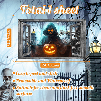 Halloween Wall Decor Halloween Decals 3D Fake Window Wall Decal Peel and Stick Grim Reaper Pumpkins Skeleton Wall Art Murals Halloweens Decoration for Living Room Bedroom Haunted House Party Supplies