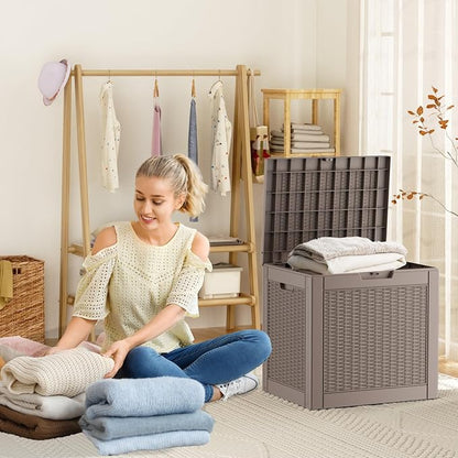 ROJIK Outdoor Storage Housing Deck Box - Waterproof Patio Furniture, Garden Tools, Cushions, Pool Accessories Storage Bench with Lockable Lid and Side Handles (Grey Rattan, 30 Gal)