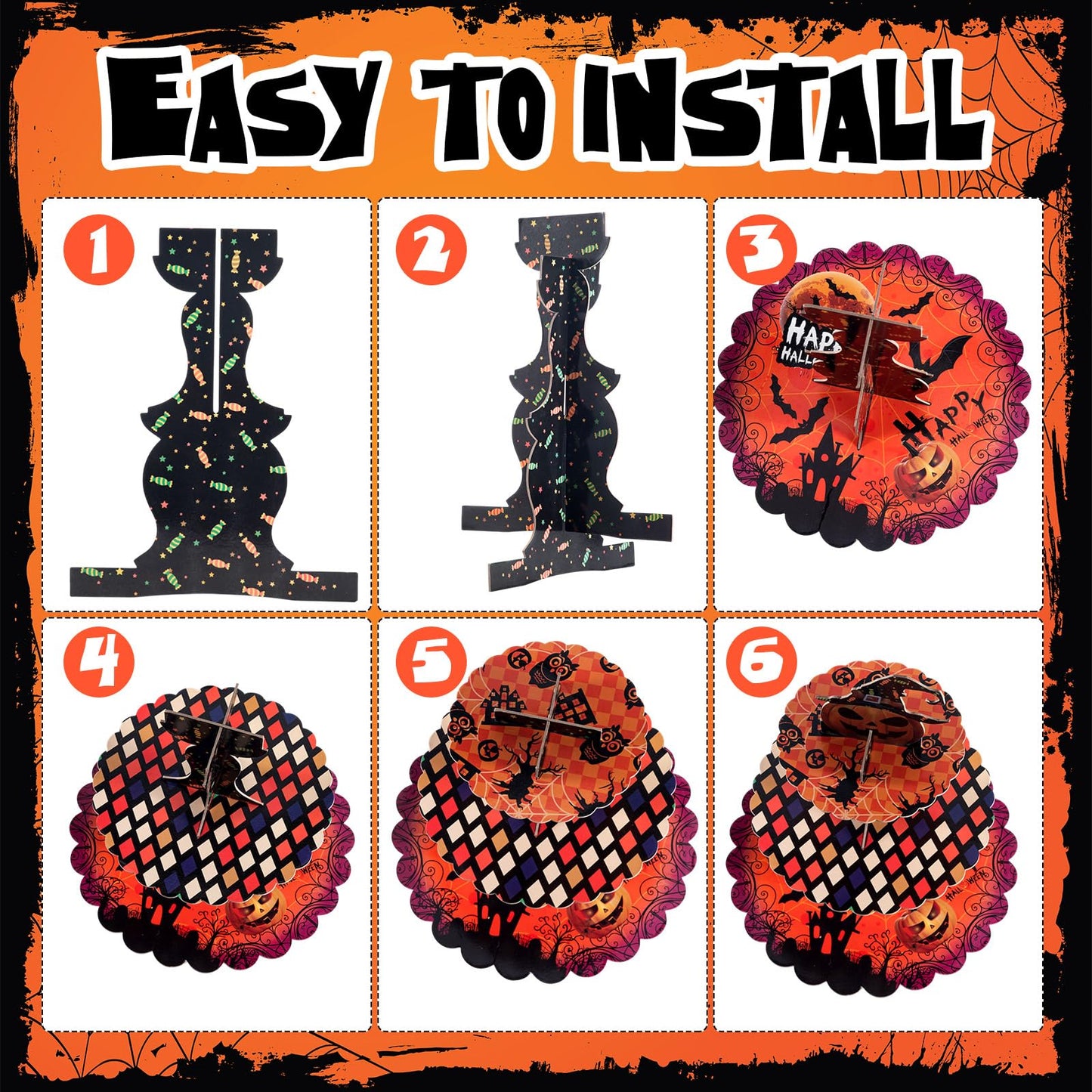 LemonRoad 3-Tier Halloween Cupcake Stand Pumpkin Stack Dessert Display Holder with 12 Haunted House Cup Cake Wrappers 12 Cake Toppers for Halloween Treat Birthday Table Decorations