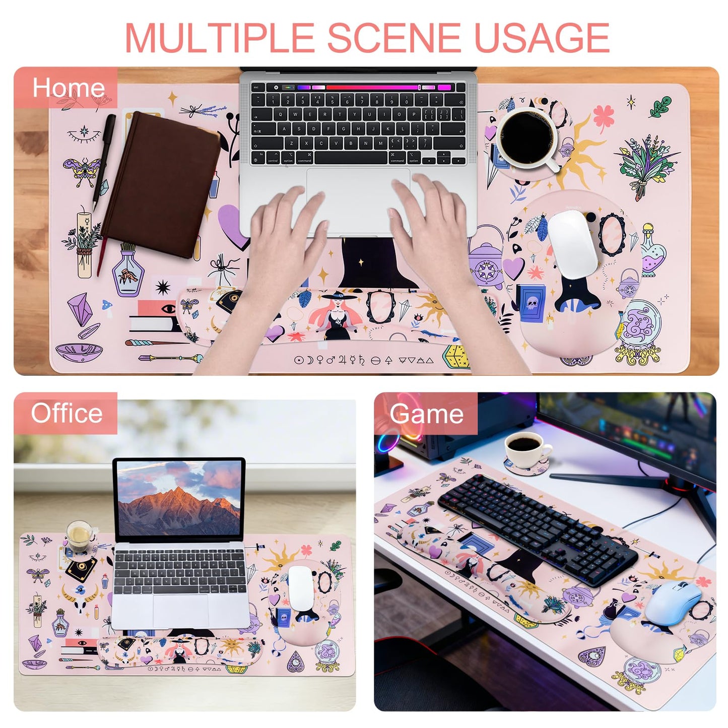 Petmolico Mouse Pad Set with Computer Keyboard Desk Pad,Mouse Pad with Wrist Rest,Typing Wrist Pad and Cup Coasters,Ergonomic Design for Typing Pain Relief [Pink,Halloween]