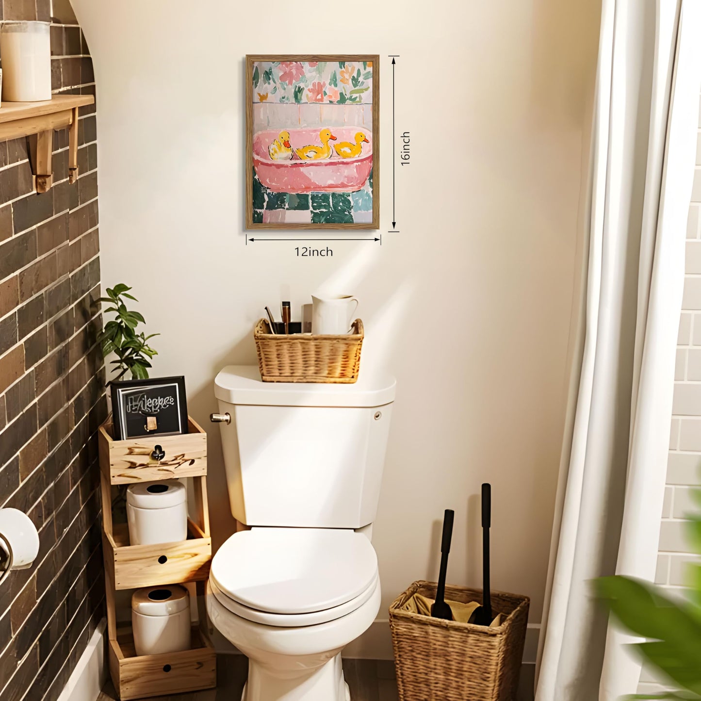 Framed Funny Bathroom Wall Art Decor, Yellow Duck in Pink Bathtub Canvas Wall Decor Painting, Cute Whimsical Animal Poster Print Picture for Girls Bathroom Nursery 12x16 Inch