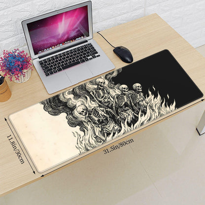 Gaming Mouse Pad Large, Gothic Skeleton Burning in Fire Desk Pad, 31.5x11.8 in Extended Mousepad Non-Slip Rubber Base Waterproof Matte for Office