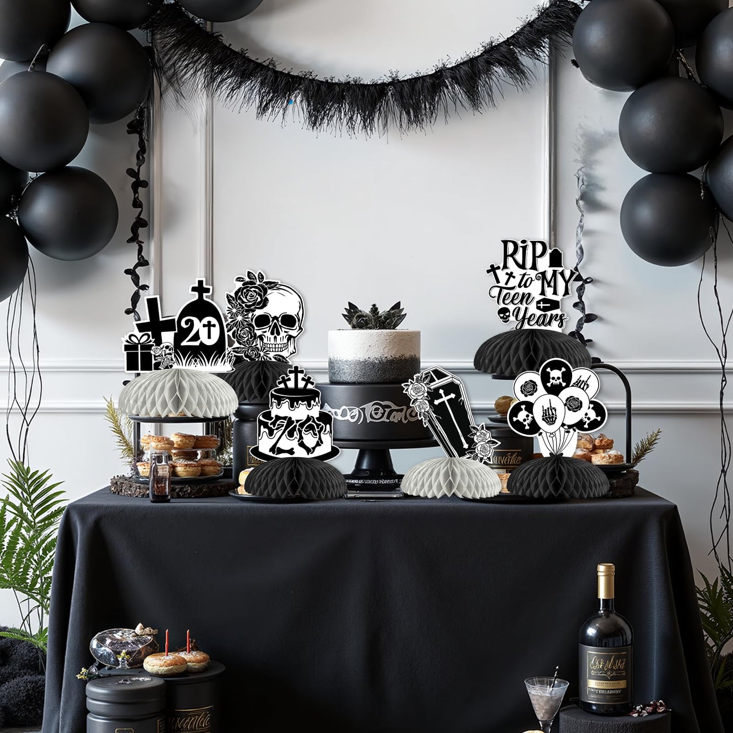 kreat4joy 8pcs Rip to My Teens Birthday Decoration Table Honeycomb Centerpiece Double-Sided Printing Black for Girl’s 20th Gothic Kissing My Teens Goodbye Hello Twenties Birthday Decoration
