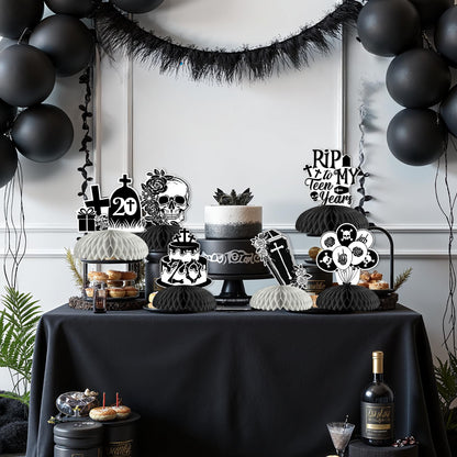 kreat4joy 8pcs Rip to My Teens Birthday Decoration Table Honeycomb Centerpiece Double-Sided Printing Black for Girl’s 20th Gothic Kissing My Teens Goodbye Hello Twenties Birthday Decoration