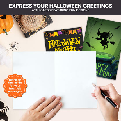 Decorably 24 Pack 4x6in Happy Halloween Cards with Envelopes and Stickers, 8 Spooktacular Designs for Kids & Adults - Blank Inside, Trick-or-Treat Bags, Gifting, Mailing
