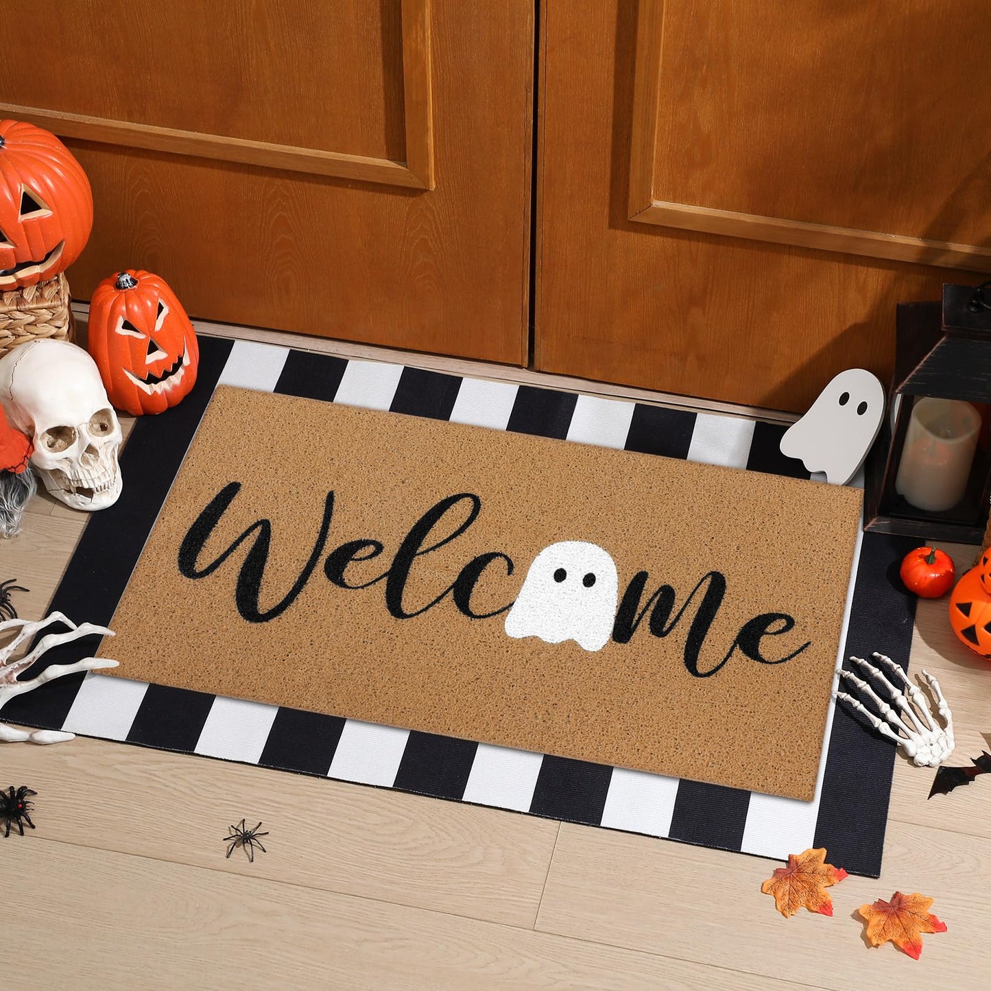 Tinideya 2 Pcs Door Mat Welcome Non Slip Coir Mats Floor Layering Doormats Seasonal for Front Porch Entryway Decor(White Ghost)