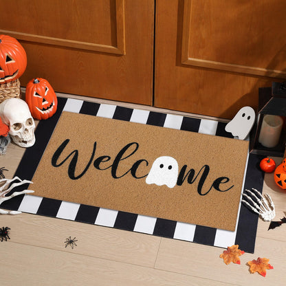 Tinideya 2 Pcs Door Mat Welcome Non Slip Coir Mats Floor Layering Doormats Seasonal for Front Porch Entryway Decor(White Ghost)