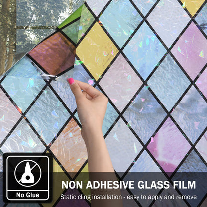 FEOMOS Stained Glass Window Film, Window Privacy Films, Colorful Lattice Window Tint, Rainbow Glass Decals Stickers for Home Anti UV 17.3x118 inches