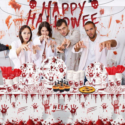 Peryiter 171 Pcs Halloween Party Supplies Disposable Tableware Set Halloween Plate Cup Napkin Spoon Fork Knives Banner Plastic Tablecloth Dinnerware Kit for Party Decorations Serves 24 (Bloody Zombie)