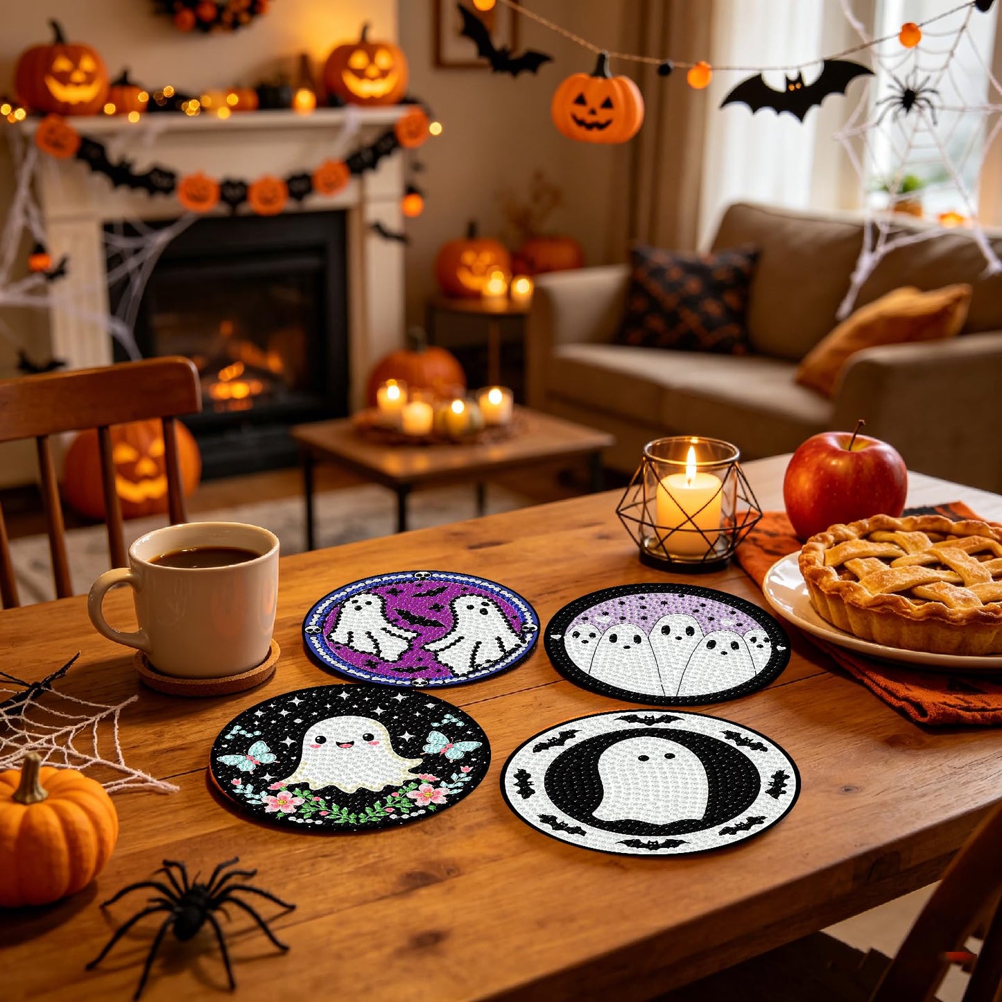 KYOQFVN 8 PCS Halloween Diamond Art Coasters, Ghost Diamond Painting Coasters with Holder Cork Pad, Diamond Dots Art Painting Coasters Crafts Kit for Home Wall Decor (Ghost Theme)
