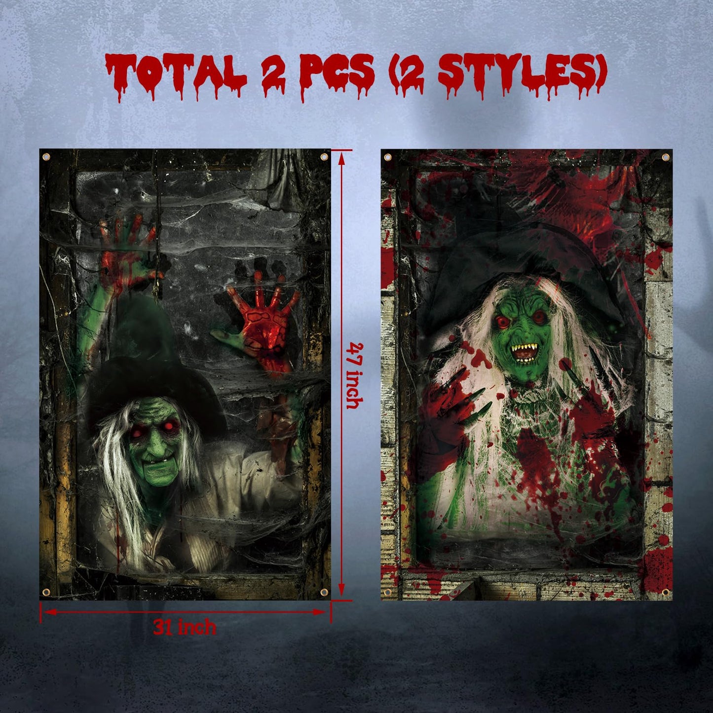 Newwiee 2 Pcs Scary Halloween Curtain Window Silhouette Cover Decoration Theme Poster for Indoor Outdoor Party Wall Door(Witch)