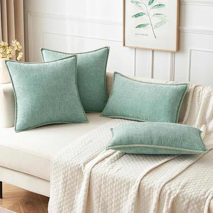 MIULEE Pack of 2 Summer Throw Pillow Covers 20x20 Inch Aqua Green Farmhouse Decorative Pillow Covers with Stitched Edge Soft Chenille Solid Dyed Pillow Covers for Couch Sofa Bed Living Room