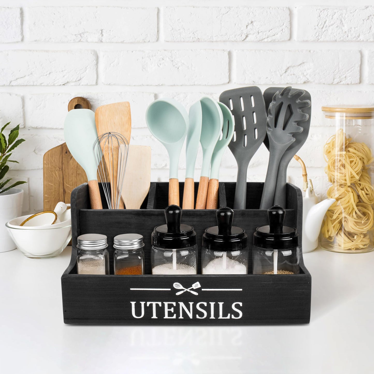 SHAXIXI Wooden Kitchen Utensil Holder, Farmhouse Country Style Kitchen Countertop Organizer, Selected Tung Wood, 11.4 X 6.1 X 5.8 Inches