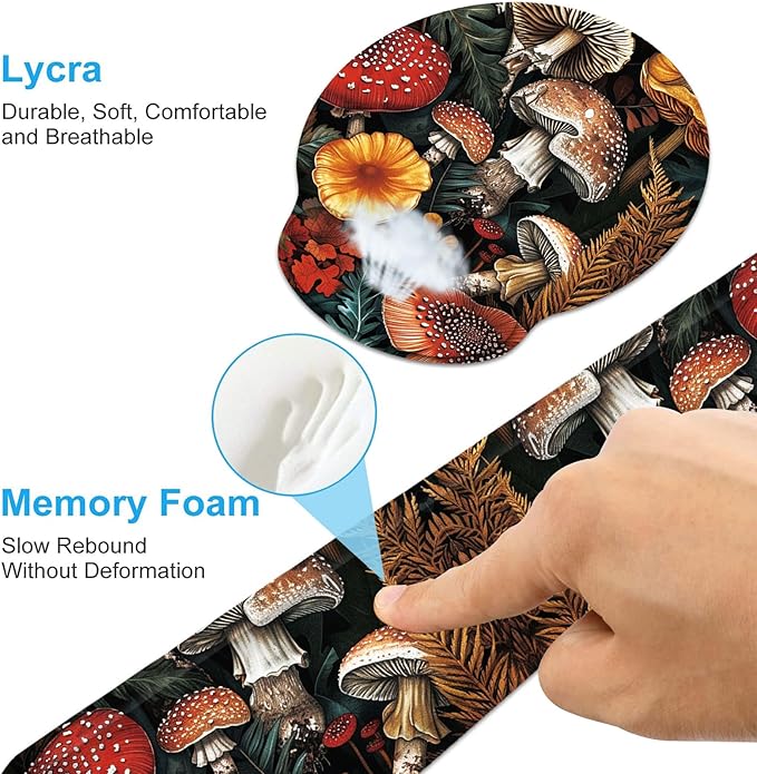 Keyboard Wrist Rest and Mouse Wrist Rest Pad with Cup Coaster,Made of Memory Foam,Ergonomic Support,Easy-Typing and Pain Relief,for Gaming Office Home Computer,Cute Forest Mushroom