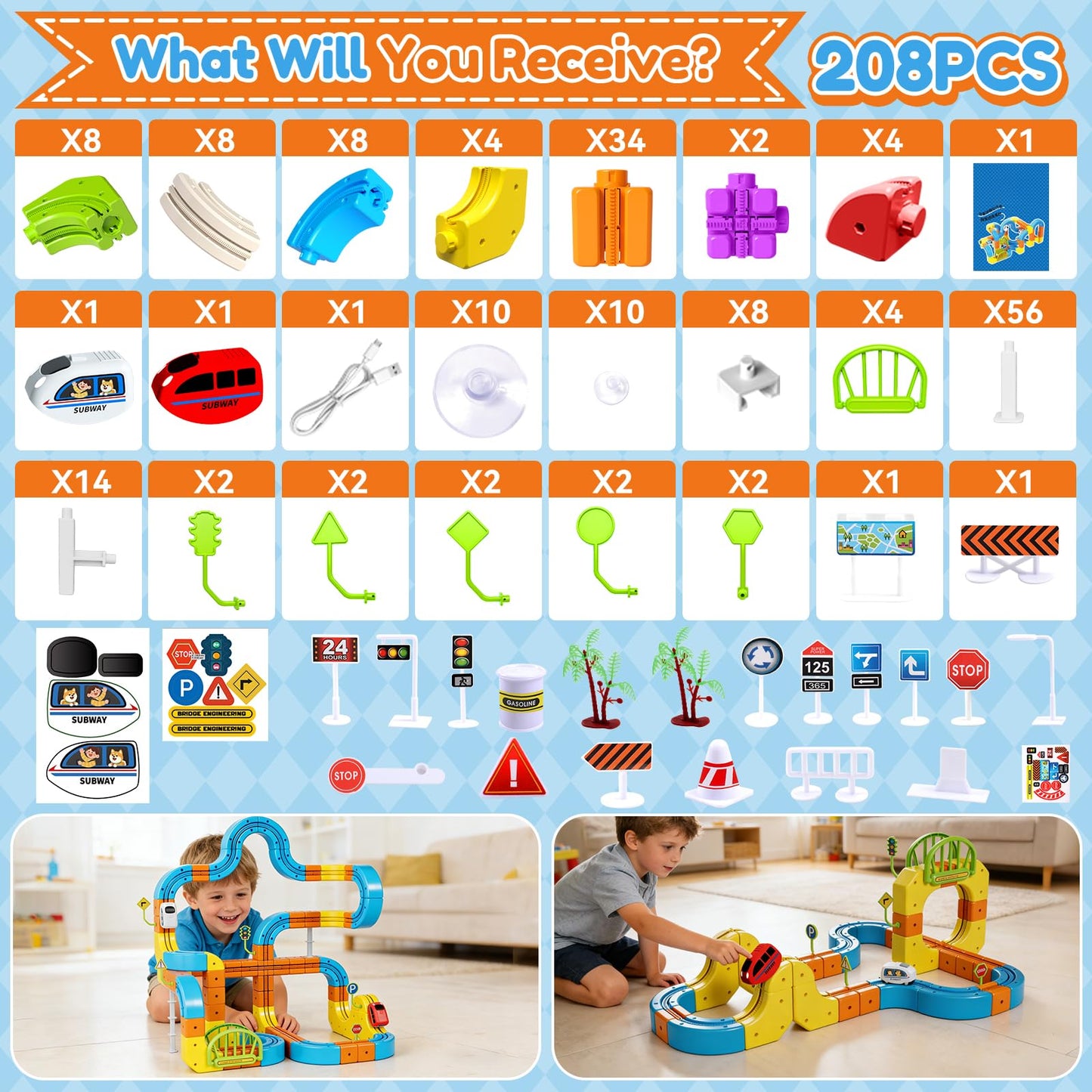 Electric Train Set for Kids Ages 3-8, 208Pcs 3D Flexible Race Track Toy, Gravity-Defying 360° Loop Building Set, STEM DIY Railroad Learning Toy Gift for Toddlers Boys Girls
