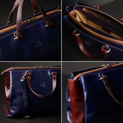 Time Resistance Leather Handbag for Women - Italian Handmade Top Handle Bag - Purse (Blue)