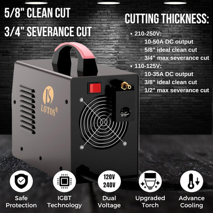 LOTOS LT5000D Plasma Cutter, 2024 Upgraded 5/8 inch 16mm Clean Cut 3/4 inch 20mm Severance Cut 50A Plasma Metal Cutter Machine, Plasma Cutting Equipment, Dual Voltage 120V or 240V, Brown
