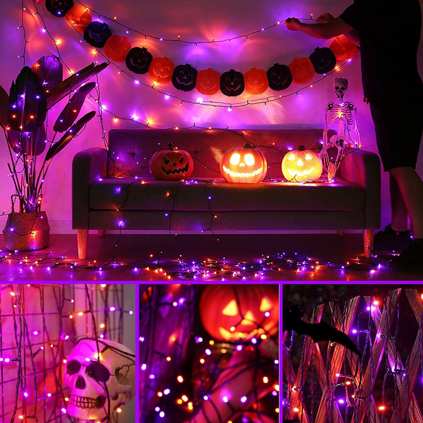 kemooie 164 FT 250 LED Halloween Lights, Black Wire Plug in Fairy Lights with Timer Function, Waterproof String Lights with 8 Modes for Outdoor Halloween Party Porch Patio Garden Decoration