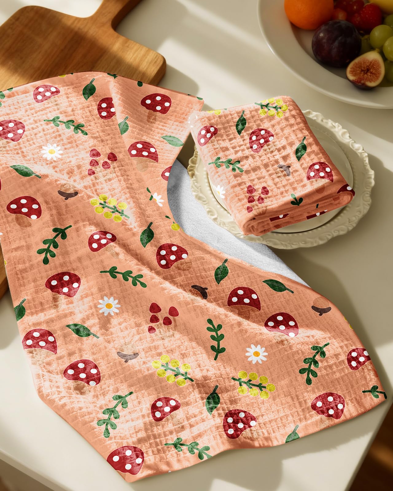 Miss Adola Cotton Waffle Kitchen Towels – Cute 370 GSM 16x25 Inch Terry Cloth Waffle Decorative Dishcloth for Kitchen Set of 2 with Hanging Loop Absorbent Hand Tea Towel for Home Design, Mushroom