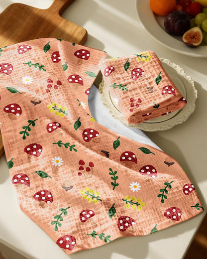 Miss Adola Cotton Waffle Kitchen Towels – Cute 370 GSM 16x25 Inch Terry Cloth Waffle Decorative Dishcloth for Kitchen Set of 2 with Hanging Loop Absorbent Hand Tea Towel for Home Design, Mushroom