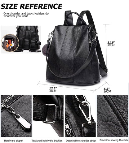 myfriday Vintage Faux Leather Backpack for Women, Soft Rucksack Backpack with Anti-Theft Pocket Convertible Shoulder Handbag (Black)
