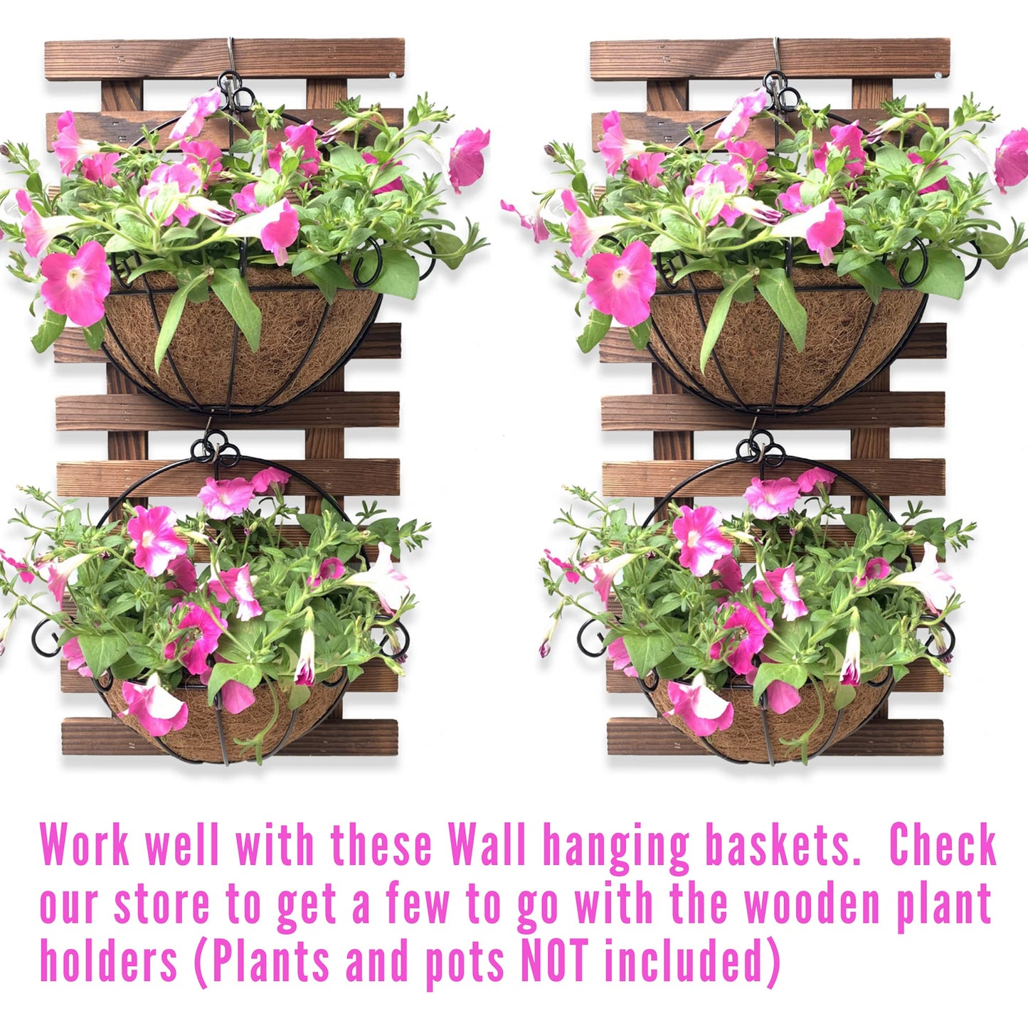 LalaGreen Bundle - 4 inch x 10 Pack Self Watering White Plastic Pot + 4 Pack Wooden Hanging Planters for Indoor Plants, Wall Mount Plant Stand Ladder, Outdoor Vertical Garden