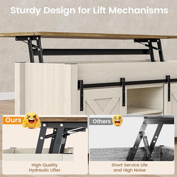 SEDETA Lift Top Coffee Table, Farmhouse Lift Tabletop Dining Table, Gas Spring, Hidden Compartment, Open Storage Shelf, for Living Room, White Brown