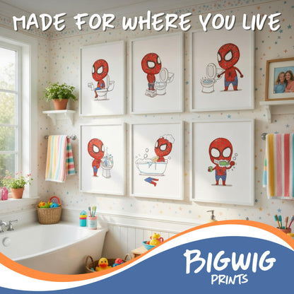 BigWig Prints Spider Man Bathroom Decor Makes Potty Training Fun Spiderman Kids Bathroom Wall Art Set Of 6 Unframed (8x10)