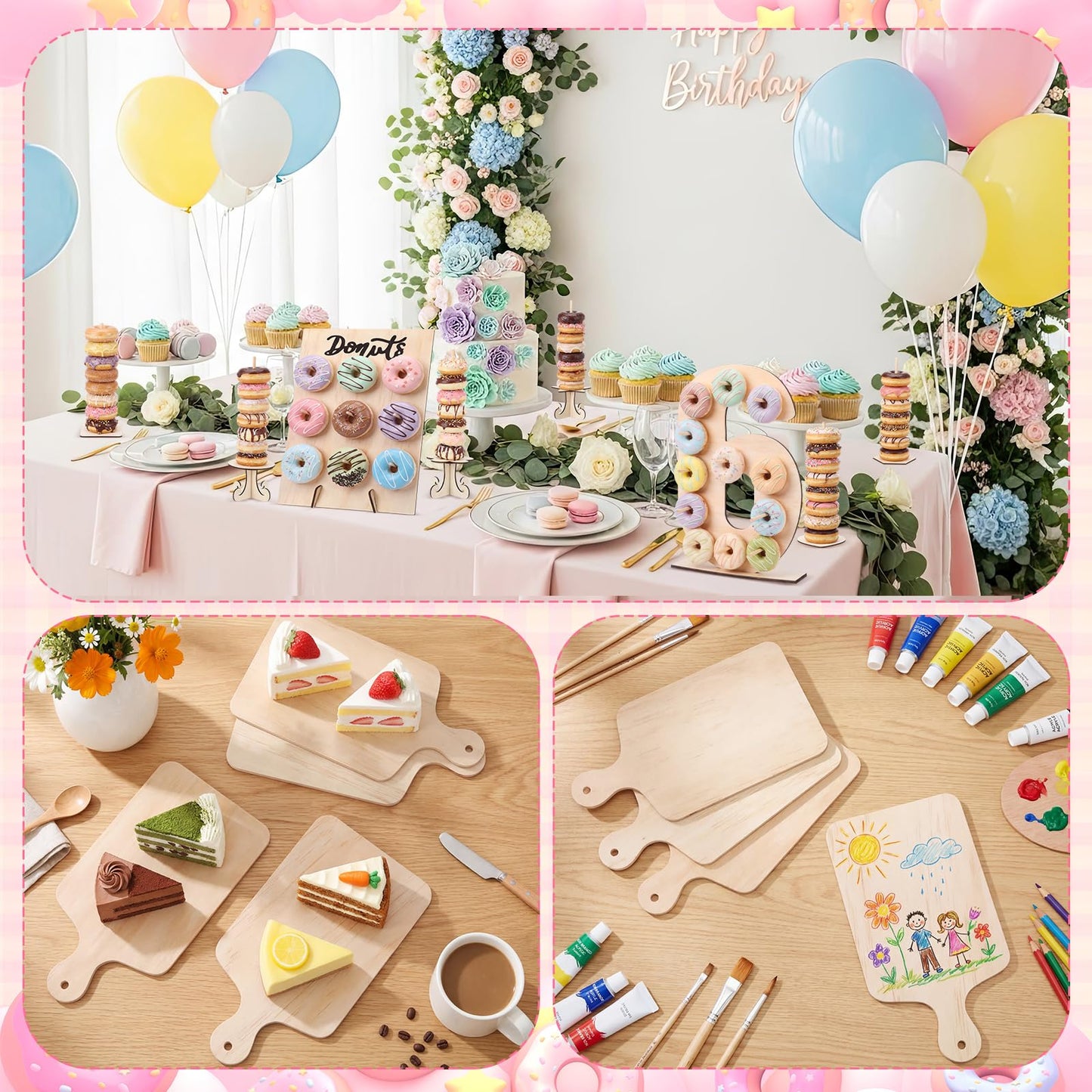 Lallisa 12 Pcs Wooden Donut Stand Set Number 6 Donut Display Stand 1 Doughnut Wall Display 4 Mini Charcuterie Boards 6 Doughnut Holder Tower for Dessert Table Birthday Wedding Baby Shower Party Deocr