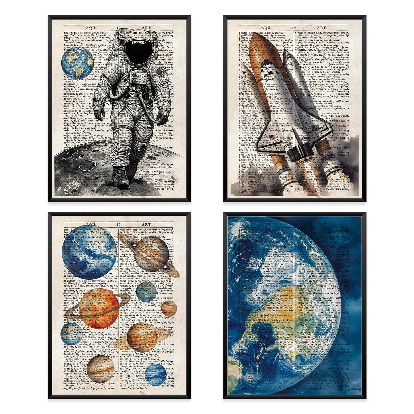 VONTP Retro Outer Space Wall Art Decor, Space Nursery Decor, Spaceman Rocket Solar System Planet Prints Poster Wall Decorations for Kids Boys Room Bedroom, 12x16 Set of 4 (Unframed)