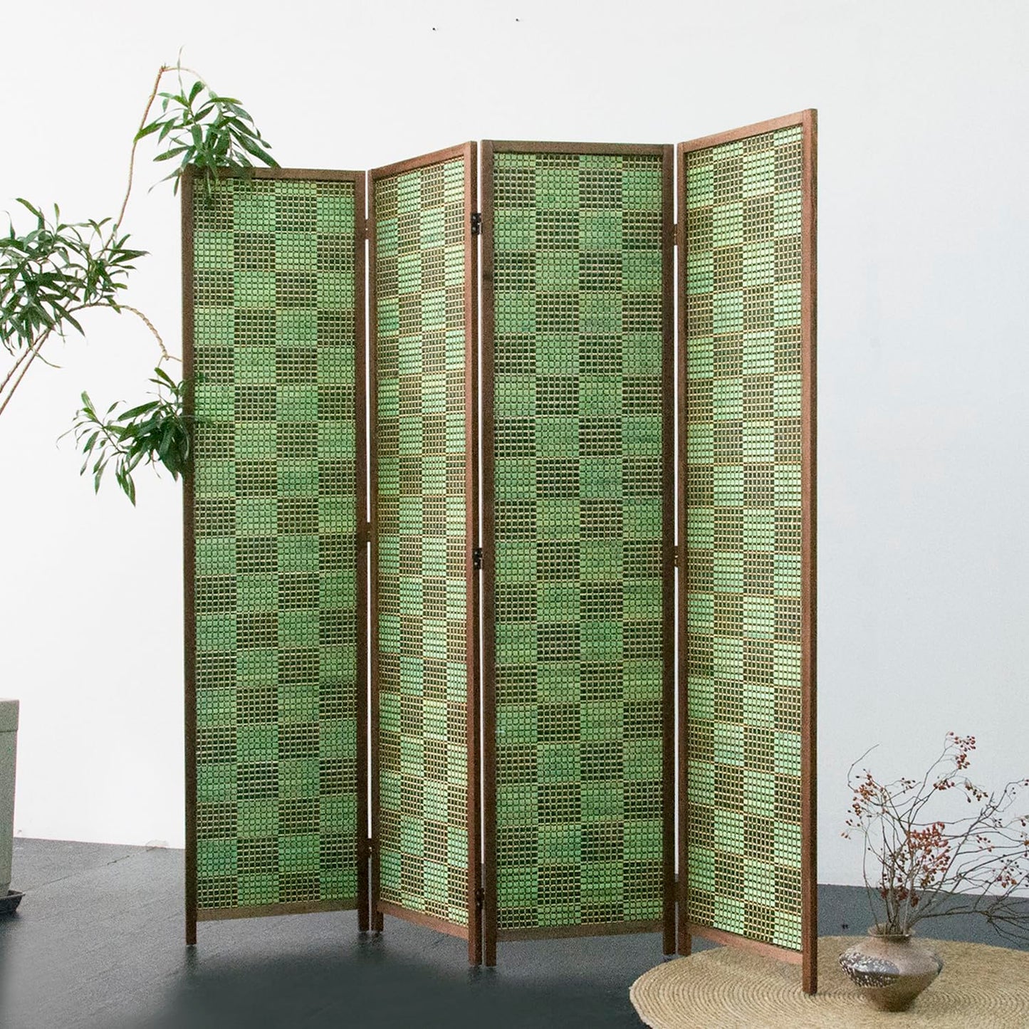 Furnnylane 4 Panel Room Divider Screen and Folding Panel Screen,Double Sided Bamboo Divider for Room Separation,Emerald Square,67" H x 63" W