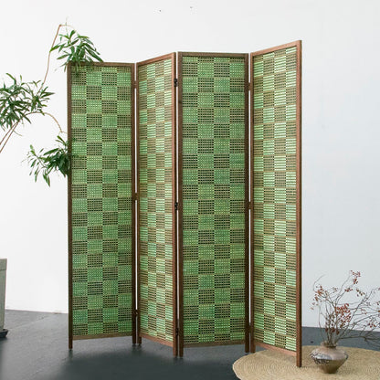 Furnnylane 4 Panel Room Divider Screen and Folding Panel Screen,Double Sided Bamboo Divider for Room Separation,Emerald Square,67" H x 63" W