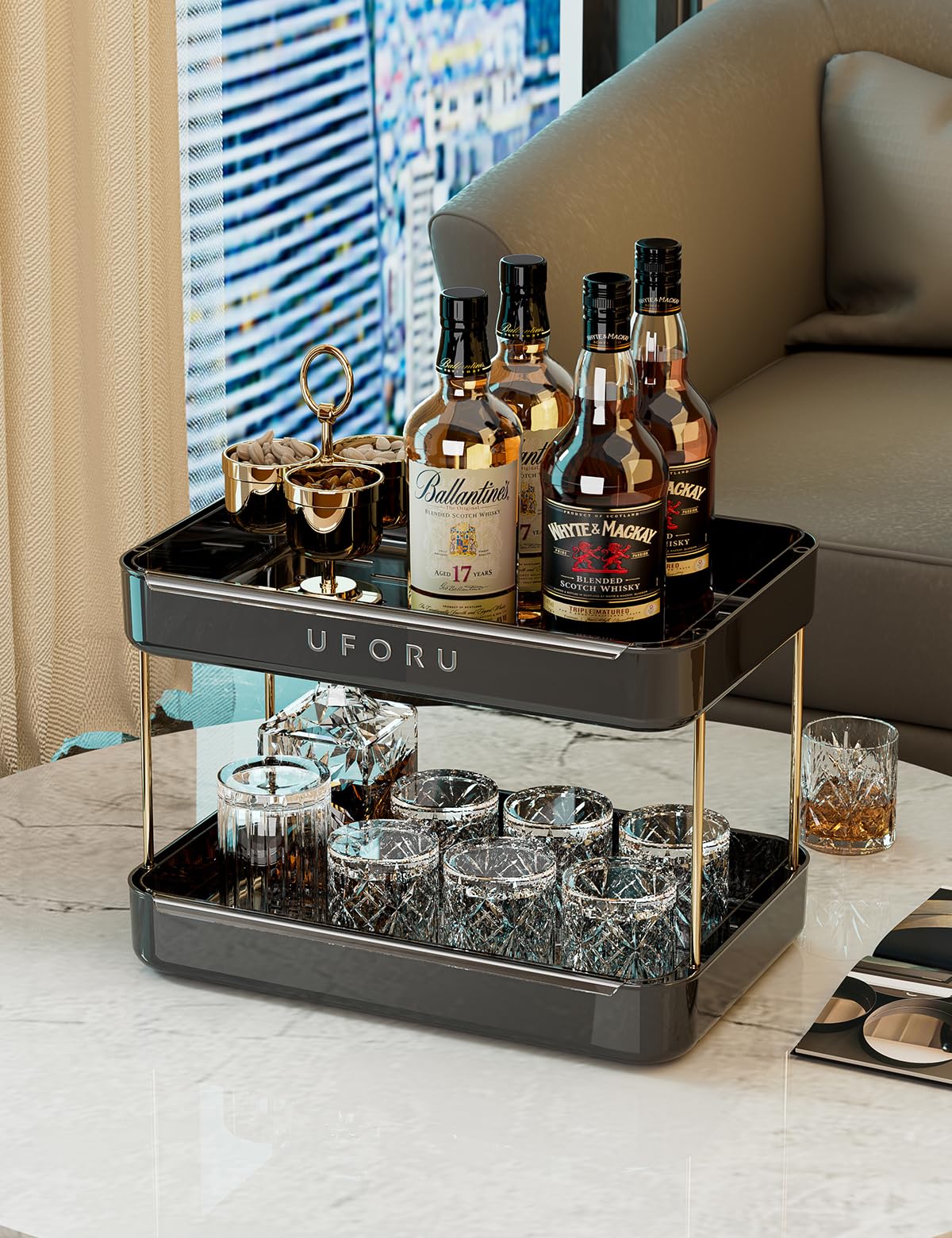 UFORU Countertop Coffee Station Organizer, 2 Tier Wine Glass Holder, Mug Display Shelf with Removable Drain Tray, Spice & condiment Rack for Kitchen, Bathroom Countertop Organizer, Black