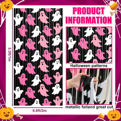 Suncalla 2 Pack Pink Ghost Halloween Party Decorations Halloween Metallic Foil Fringe Curtain 3.3 x 6.6 ft Photo Booth Prop Backdrop Streamers for Night Party Supplies Pink and Black Birthday Decor