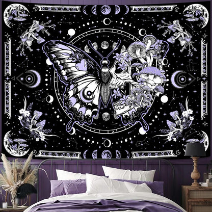 Fungarth Skeleton Butterfly Tapestry Purple Skull Hippie Mushroom Plants Tapestry for Bedroom Moon phase Aesthetic Tapestries Wall Hanging for Living Room Dorm (44.00” x 60.00”, Purple)