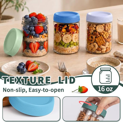 6 Pack Overnight Oats Containers with Lids, Mason Jars 16 oz with Lids, Yogurt Containers for Meal, Wide Mouth Glass Storage Jars for Pudding, Snack, Prep, Oatmeal, Sugar, Food, Chia, Seed