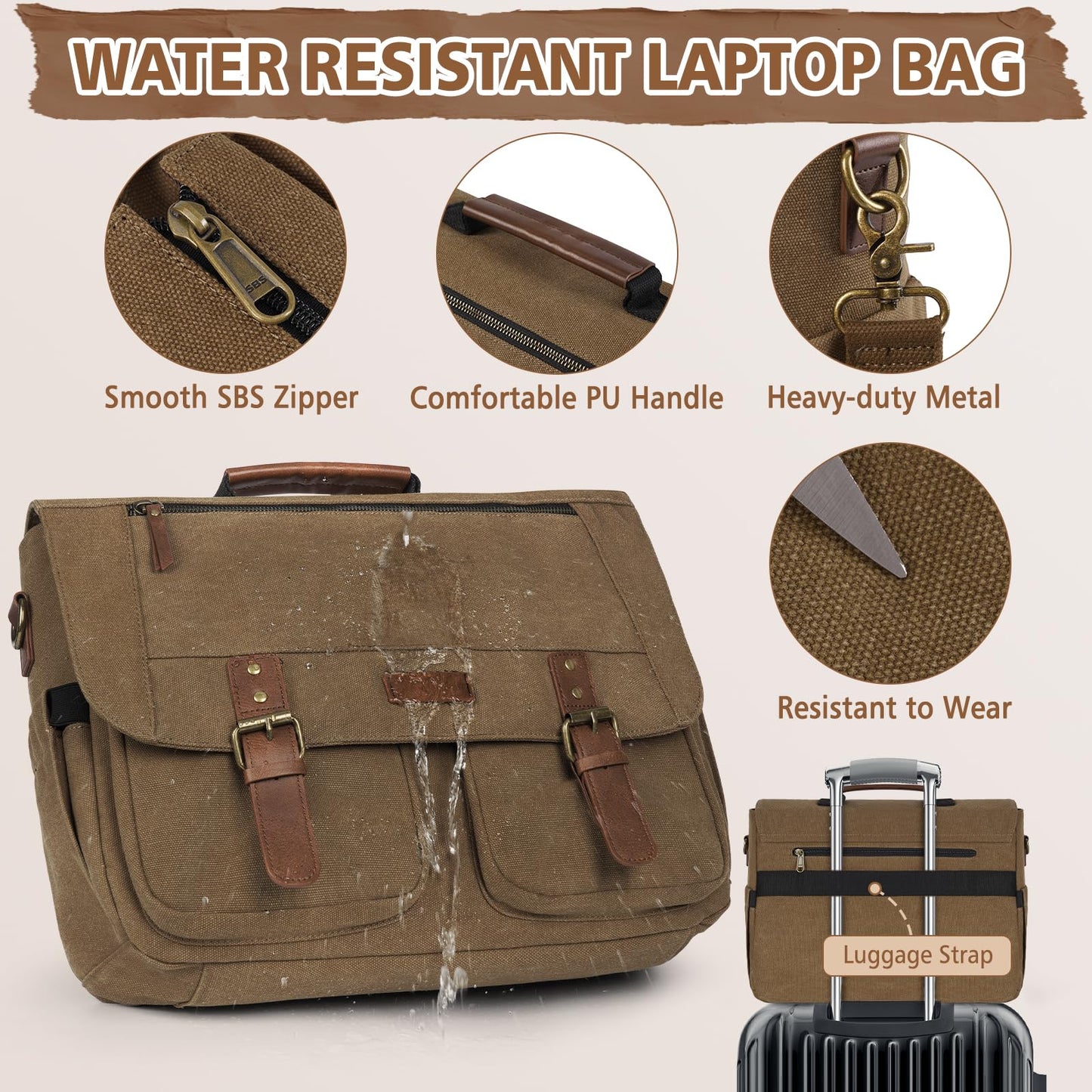 RAINSMORE Messenger Bag for Men, 15.6-17.3 inch Laptop Bag for Work College