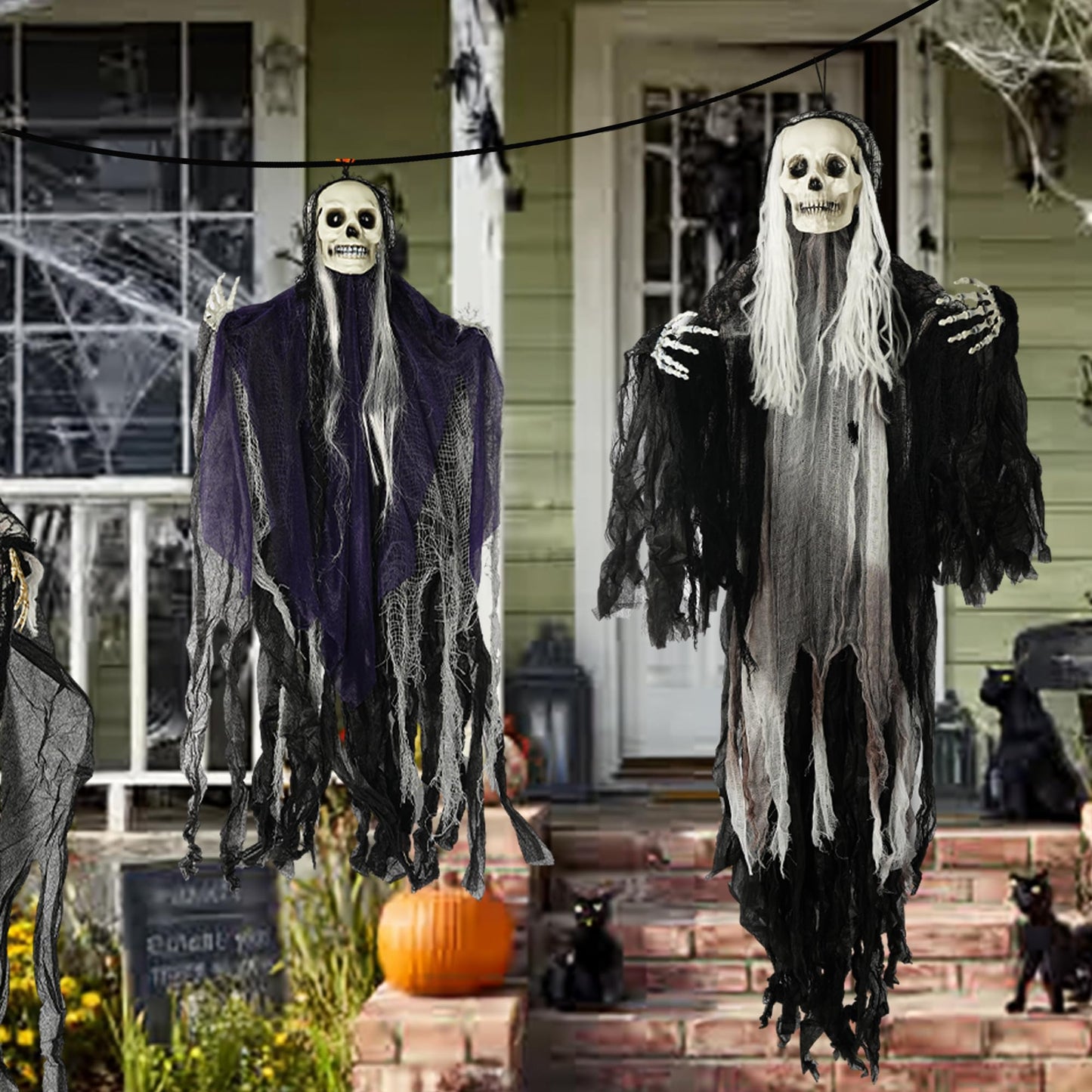 Hourleey 3 Pack Halloween Hanging Ghosts Decorations Outdoor, Scary Flying Grim Reapers Skeleton, Skull Ghost Halloween Decor for Yard Porch Frontdoor Party Haunted House Props