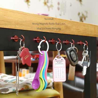 Neosmuk Magnetic Hooks,30lb Heavy Duty Earth Magnets with Hook for Refrigerator, Extra Strong Cruise Hook for Hanging, Magnetic Hanger for Curtain, Grill (Red, 4 Pack)
