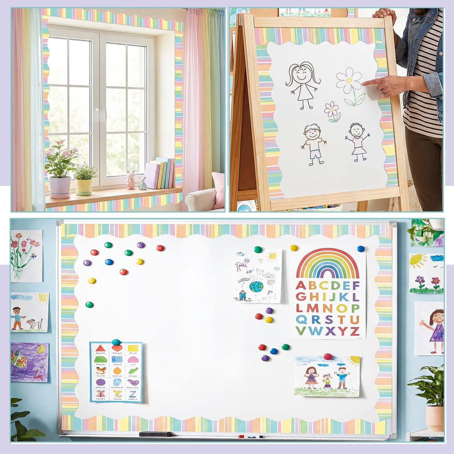 Tenceur 48 ft x 2.76 Inch Magnetic Borders for Whiteboard Decoration, Pastel Vertical Stripes Magnetic Bulletin Board Border Set for Summer Classroom Office Chalkboard Poster Board Decor
